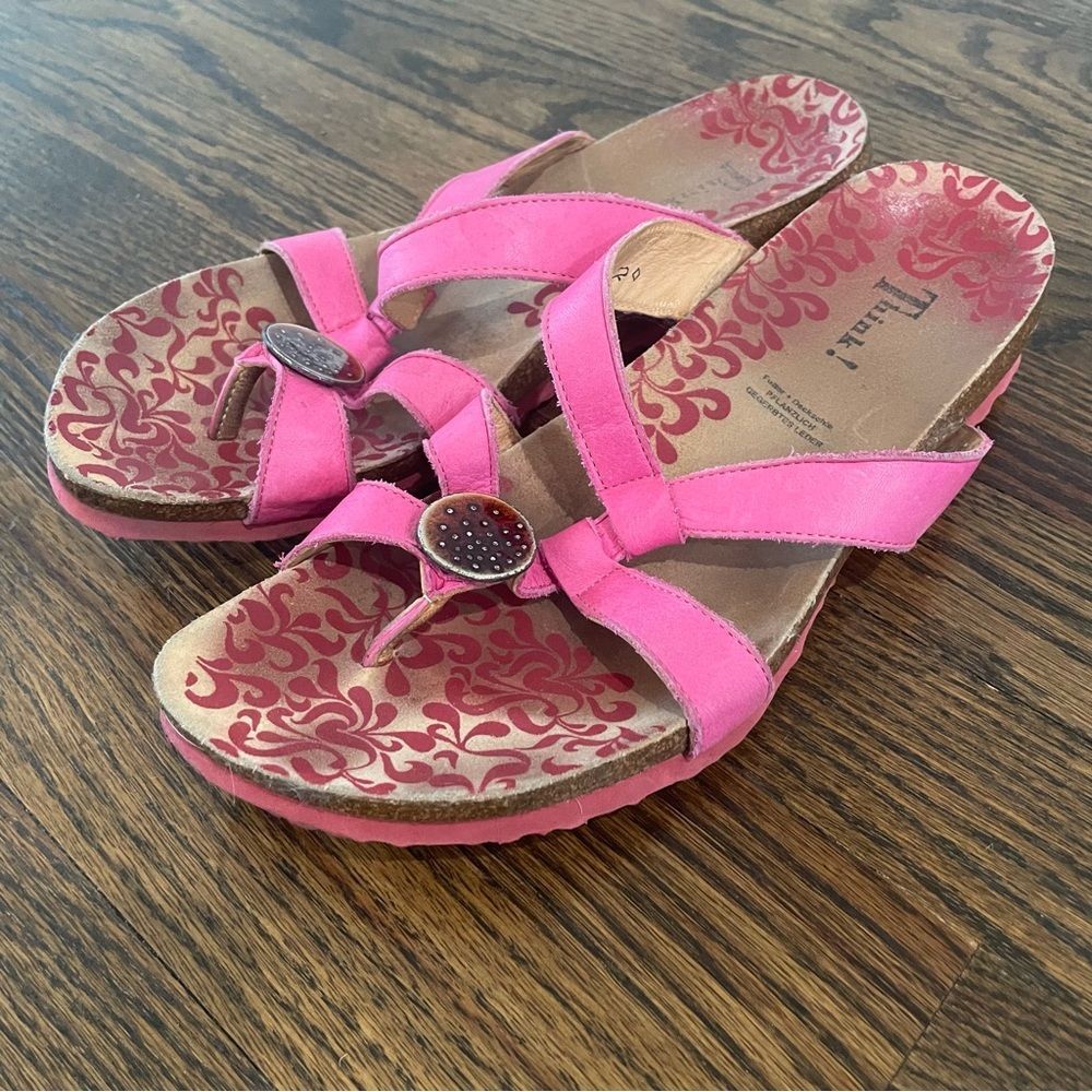 THINK! Julia Pink Leather Button Slip On Sandals